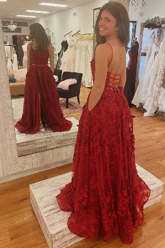 ready-to-wear prom dressesBurgundy Square Neck A-Line Prom Dresses Lace Appliques Formal Gown with Slit