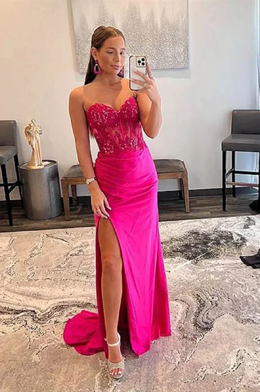 prom dress preservationCheap Hot Pink Lace Prom Dresses Strapless Sleeveless Formal Dress with Split