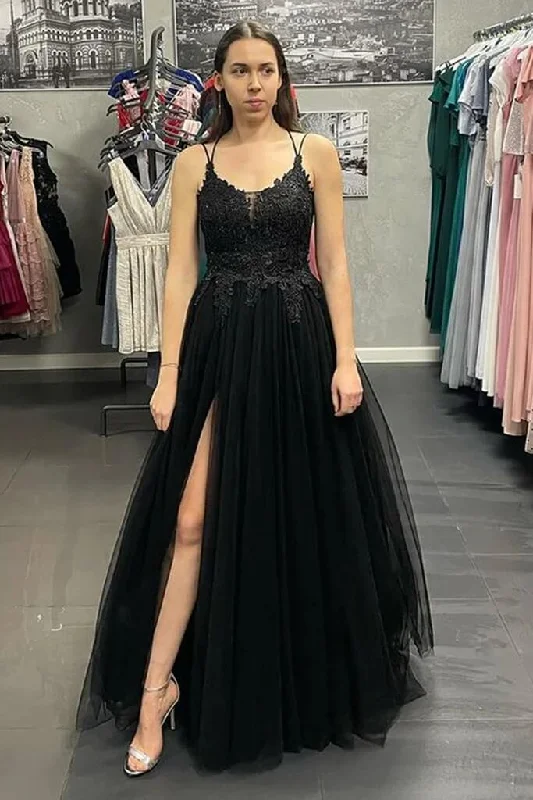 vintage prom dressesCheap Black Lace Long Prom Dress V Neck Backless Tulle Formal Dress with Slit