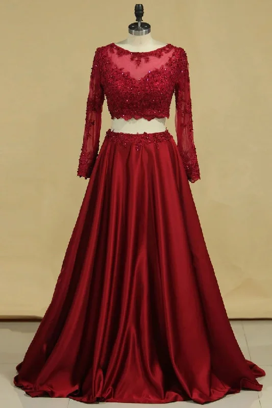 floral prom dressesCheap Burgundy Two-Piece Prom Dresses A Line Satin Lace Applique