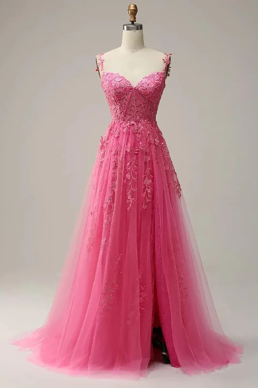 budget-friendly prom dressesCheap Hot Pink Lace Corset Prom Dresses A Line Formal Gowns