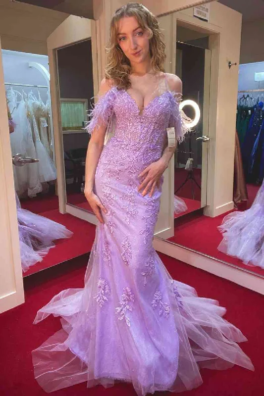 sparkly prom dressesCheap Lace 2025 Lavender Prom Dresses Mermaid Cold Shoulder with Feathers