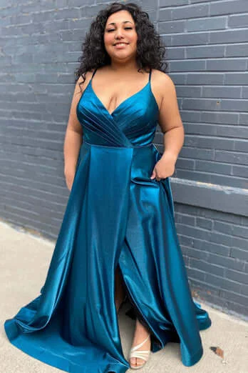 flowy prom dressesCheap Long Blue Satin Prom Dress Plus Size Peacock V Neck Formal Dress with Slit