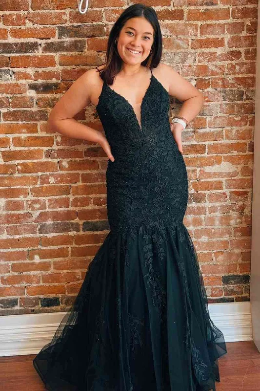 long prom dresses2025 Cheap Long Mermaid Black Prom Dresses Appliques Formal Dress with Cutout Back