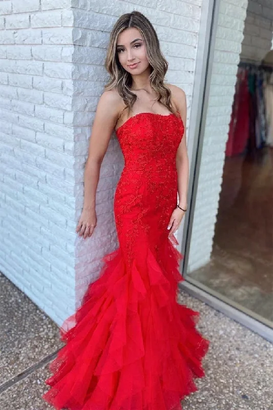 thigh-high slit prom dressesCheap Long Red Mermaid Prom Dresses Lace 2025 Strapless