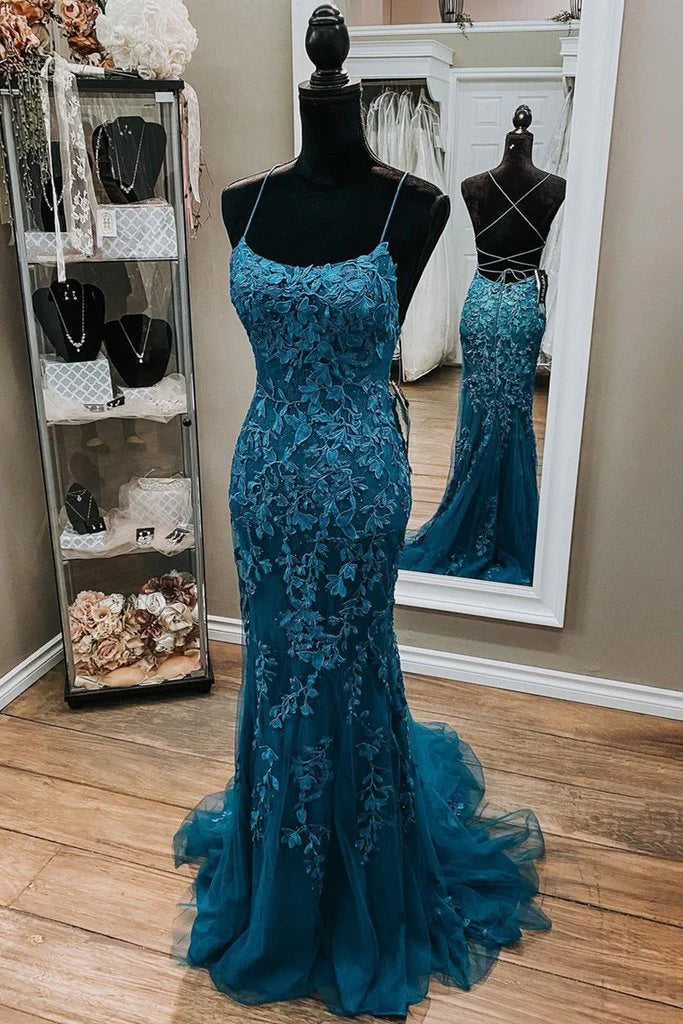 tulle prom dressesCheap Mermaid Lace 2025 Prom Dresses Corset Dark Teal  Long Formal Dress