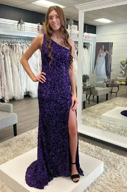 modern prom dressesCheap Mermaid 2025 One Shoulder Prom Dresses Purple Sequins Long Formal Wears