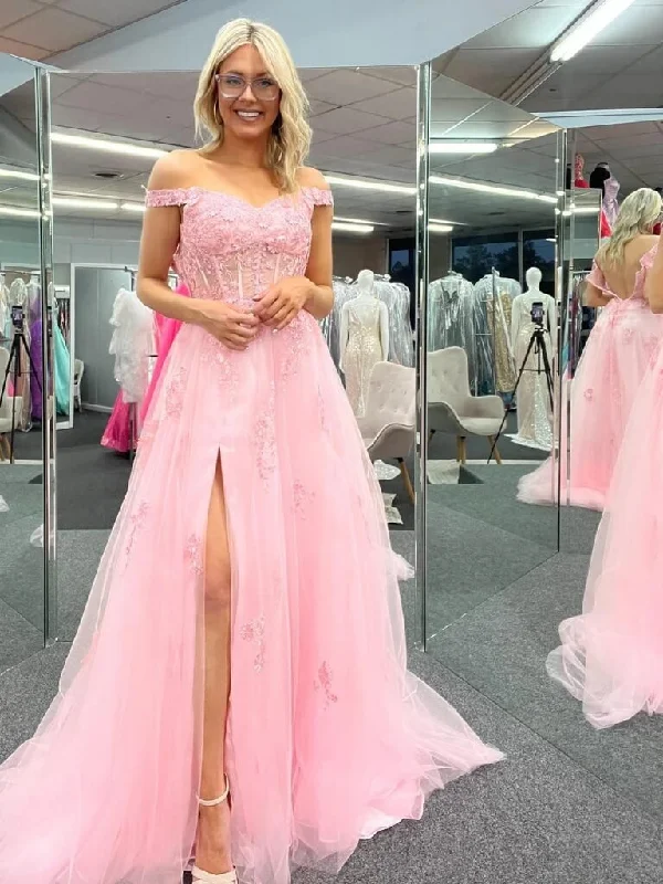 corset prom dressesCheap Off Shoulder 2025 Pink Formal Dresses Lace Long Prom Dresses with High Slit