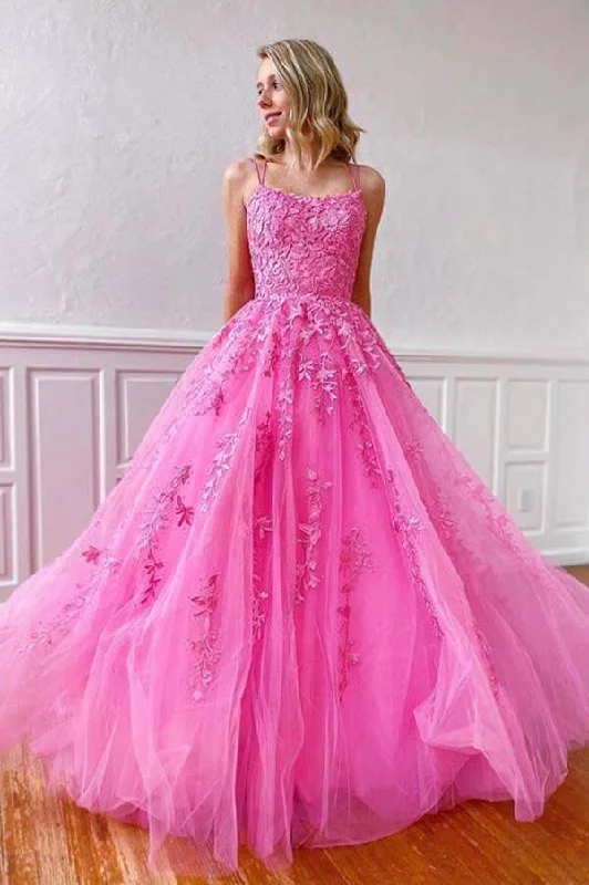 maxi prom dressesCheap Pink Tulle Prom Dresses 2025 With Lace Appliques Spaghetti Straps