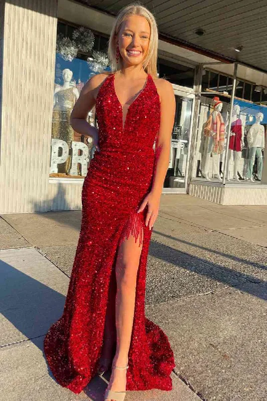 short prom dressesCheap Red Halter Sequins Prom Dresses Long Formal Gowns with Tassel