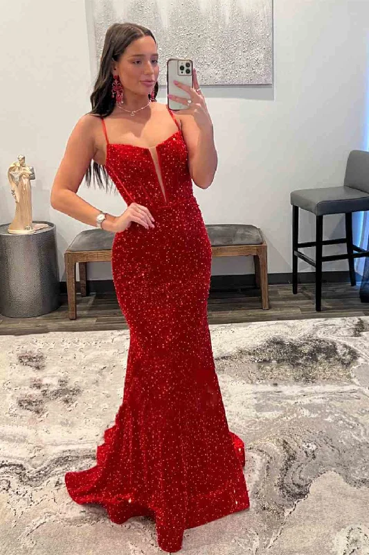 chiffon prom dressesCheap Red Sequins Mermaid Prom Dresses 2025 Straps Plunging Neck Formal Dress