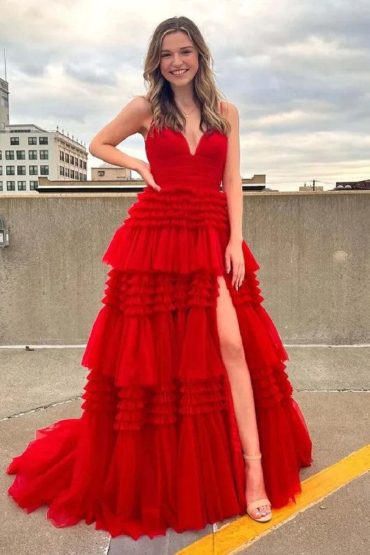 cap sleeve prom dressesCheap Red Tulle Prom Dresses 2025 V Neck Spaghetti Straps Long Formal Dresses