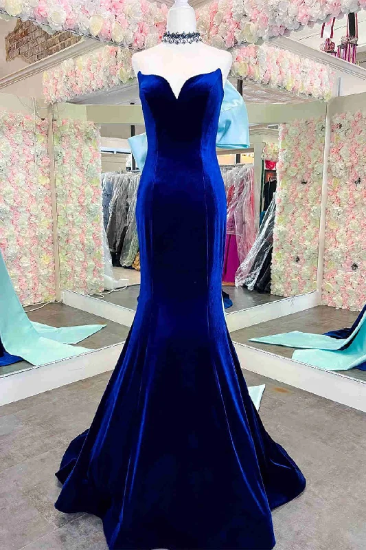 off-the-shoulder prom dressesCheap Royal Blue Velvet Prom Dresses 2025 Mermaid Fitted with Bow