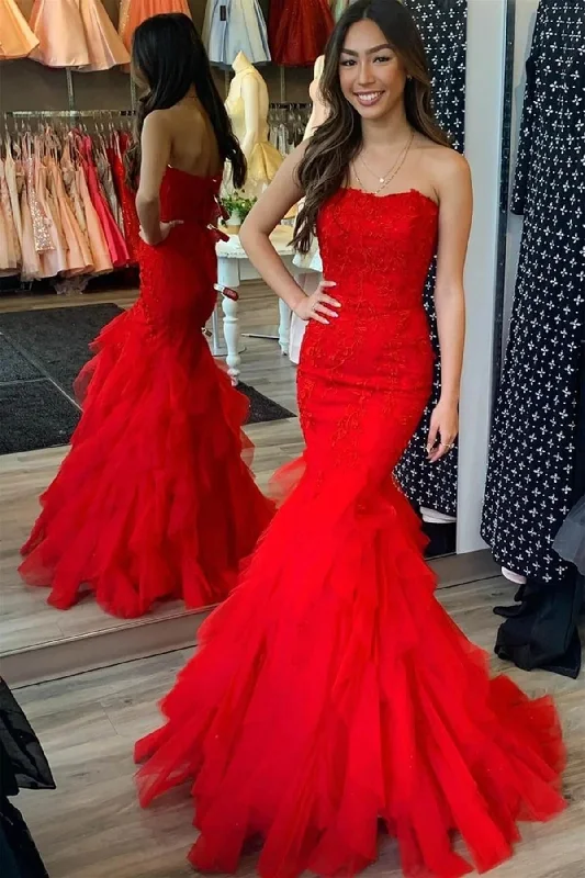 dark prom dressesCheap Strapless Ruffle Red Lace Prom Dresses Mermaid Tulle Long Formal Dress