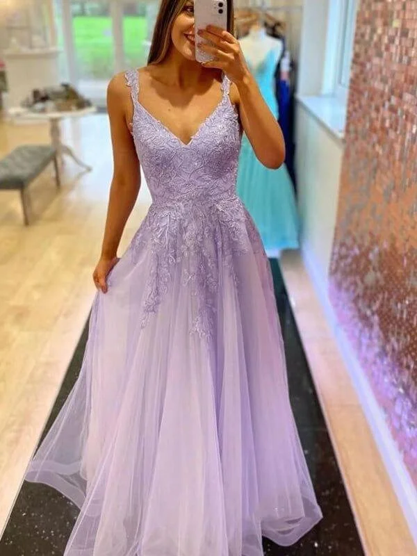 prom dresses for plus-size figuresCheap V Neck Lilac Lace Formal Dresses A Line Purple Long Prom Dresses