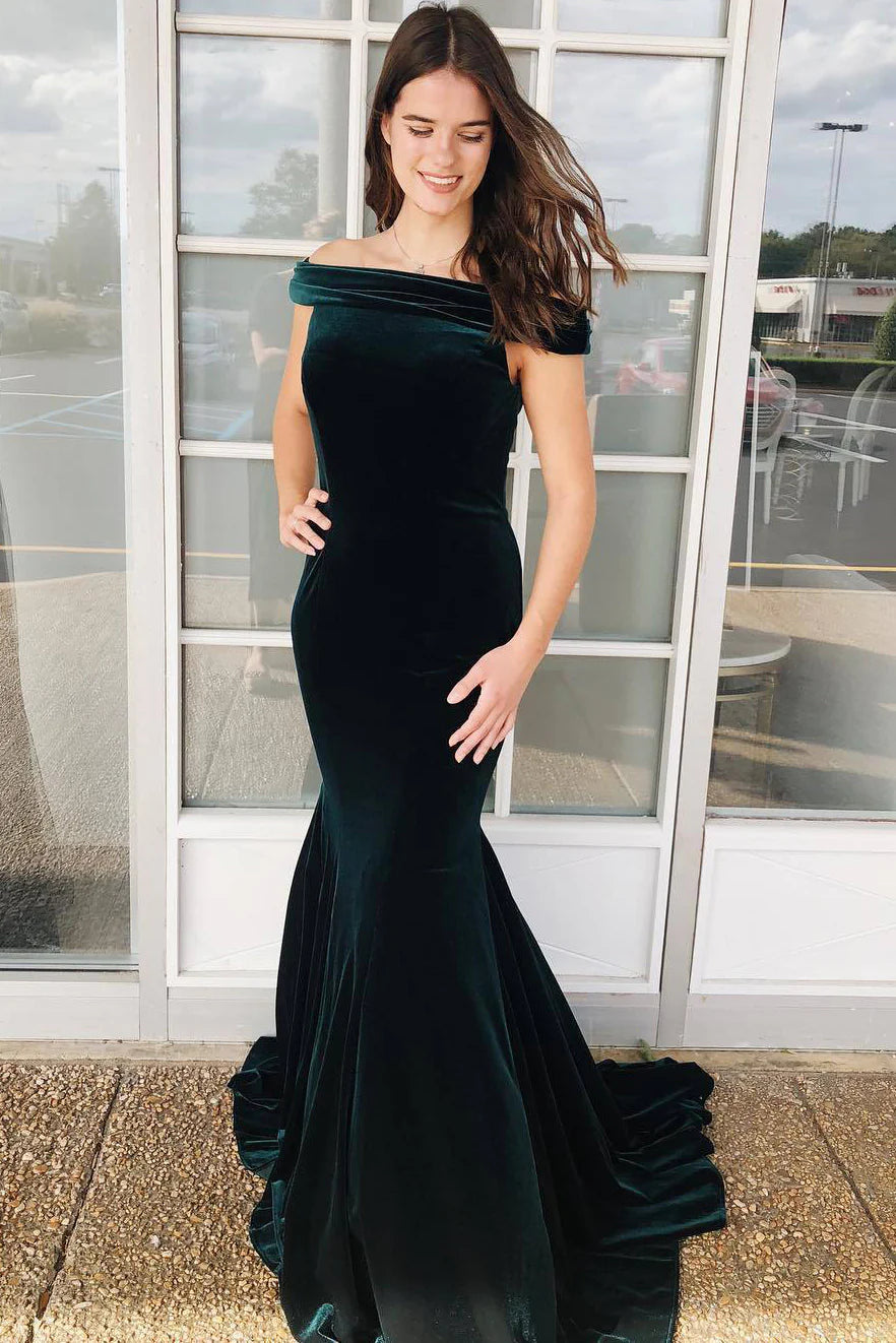 prom dresses with lace appliquésDark Green Velvet Winter Formal Dress Off the Shoulder Prom Dress