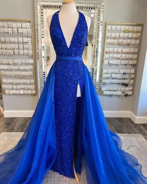 prom dress color trendsDeep V Neck Royal Blue Sequin Prom Dresses Mermaid with Tulle Train