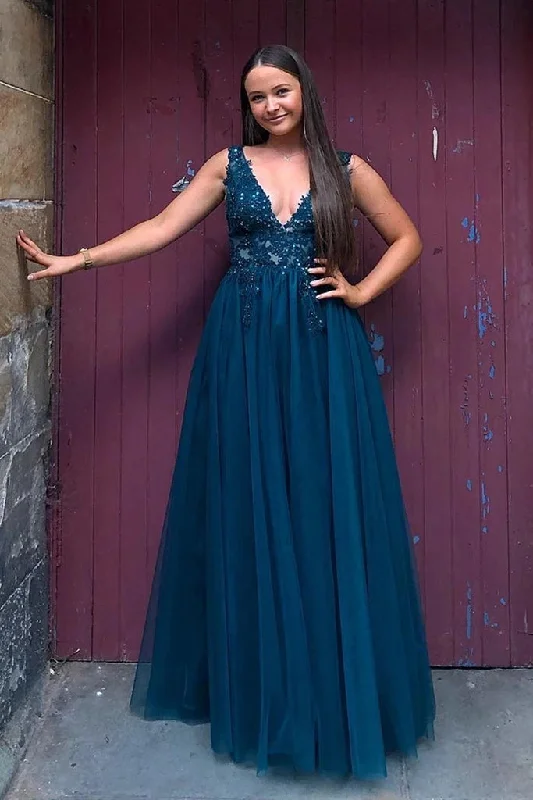 prom dress preservationFloor Length Blue Lace Tulle Prom Dresses V Neck Long Formal Dress