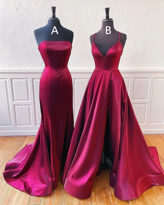 prom dresses for fallFloor Length Long Satin Burgundy Prom Dresses with Split