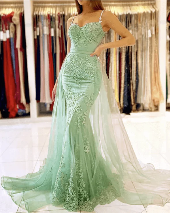 sleeveless prom dressesFloor Length Mermaid Sage Green Prom Dresses Lace Removable Train