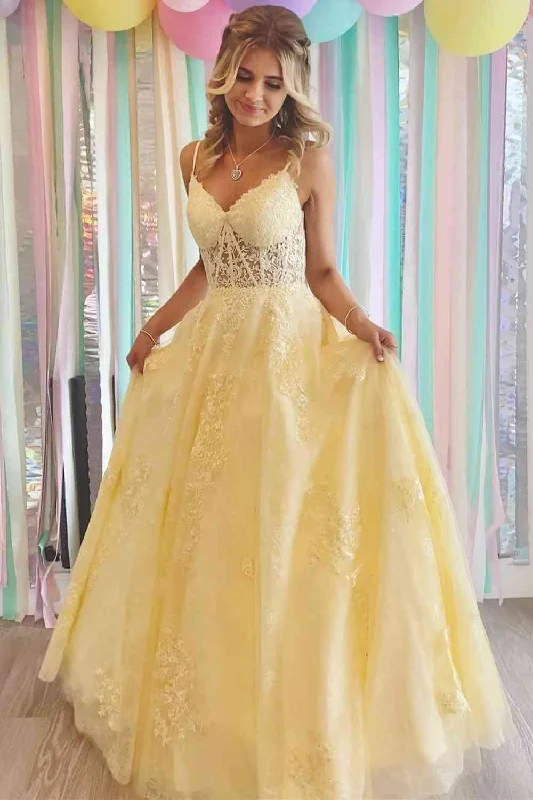 high-low prom dressesFloor Length Yellow Prom Dresses Lace V-Neck 2024 Long Formal Dresses