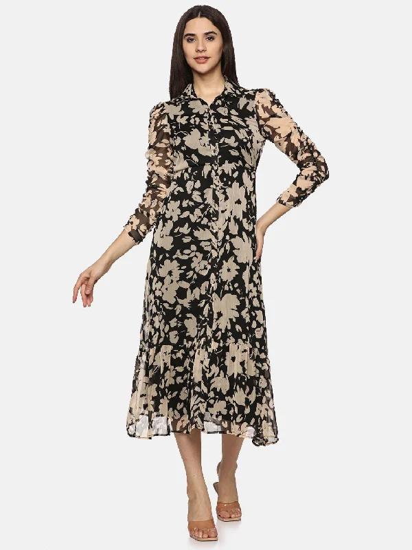 cinched-waist midi dressesFloral Black Ruched Sleeve Midaxi Dress-17358