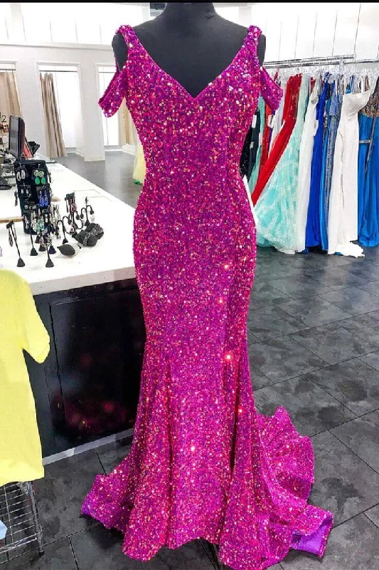 modern prom dresses2025 Fuchsia Sequin Formal Dresses Magenta Cold-Shoulder Mermaid Prom Dress Long