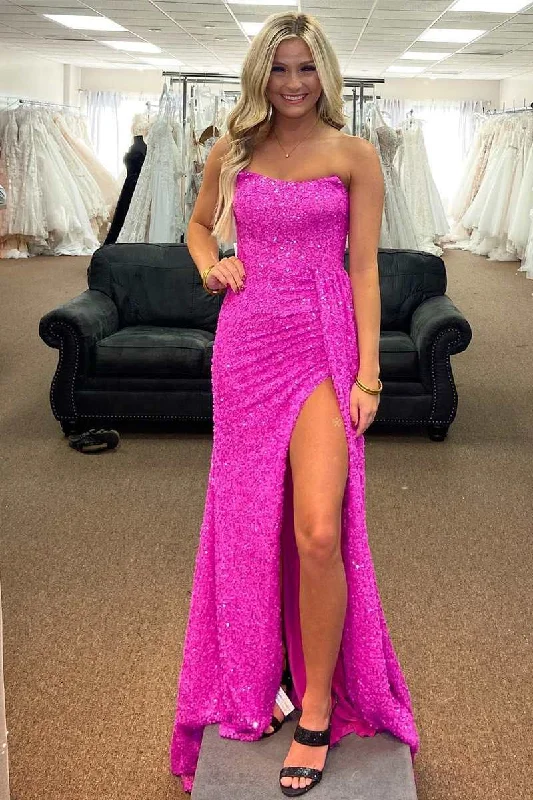 chiffon prom dressesFuchsia Sequins Long Prom Dresses Magenta 2025 Strapless Lace-Up Back with Slit