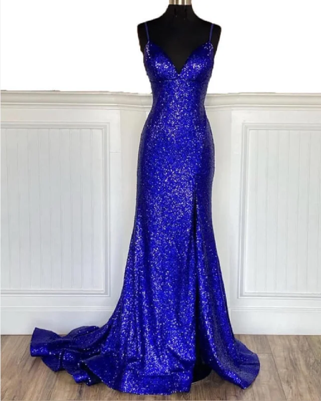 silk prom dressesGlitter Royal Blue 2024 Sequins Prom Dresses Regency Backless Mermaid Formal Dress