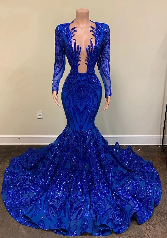 illusion sleeve prom dressesGorgeous Mermaid Royal Blue Prom Dresses 2024 Long Sleeve Sequin Formal Gala Gowns