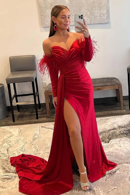 mermaid prom dressesGorgeous Sweetheart Red Long Prom Dresses 2024 Feathers with Detachable Sleeves