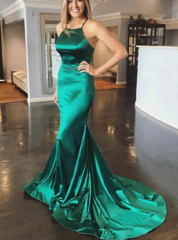 high-slit prom dressesGreen Satin Halter Prom Dresses Mermaid Formal Dress Crossed Straps Back