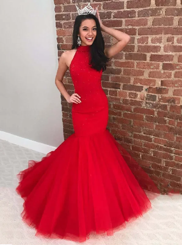 spaghetti strap prom dressesHigh Neck Long Mermaid 2024 Red Prom Dresses UK Glitter Tulle Formal Dress