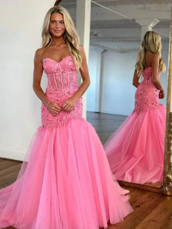 lace-up prom dressesHot Floral Long Corset 2024 Prom Dresses Mermaid Pink Lace Formal Dress Strapless