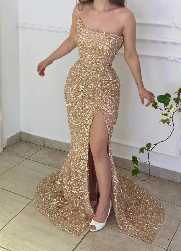 lace-up prom dressesHot Gold Sequin Prom Dresses Strapless Mermaid Formal Dresses