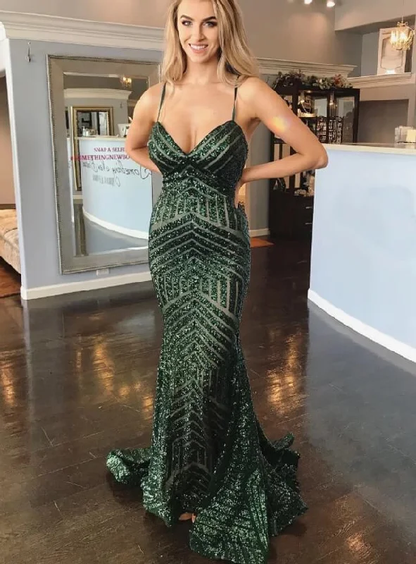 off-shoulder prom dressesHot Green Sequins Prom Dresses Mermaid Spaghetti Straps Backless