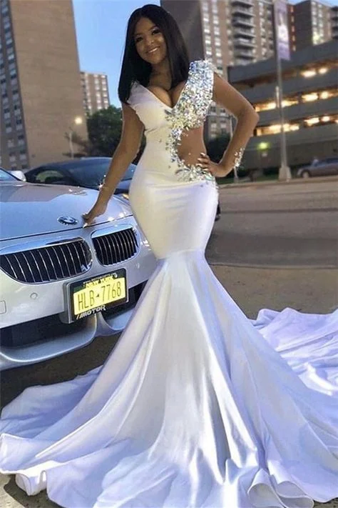 prom dresses for fallHot Mermaid Rhinestones Satin 2024 Prom Dress V-neck Sweep Train