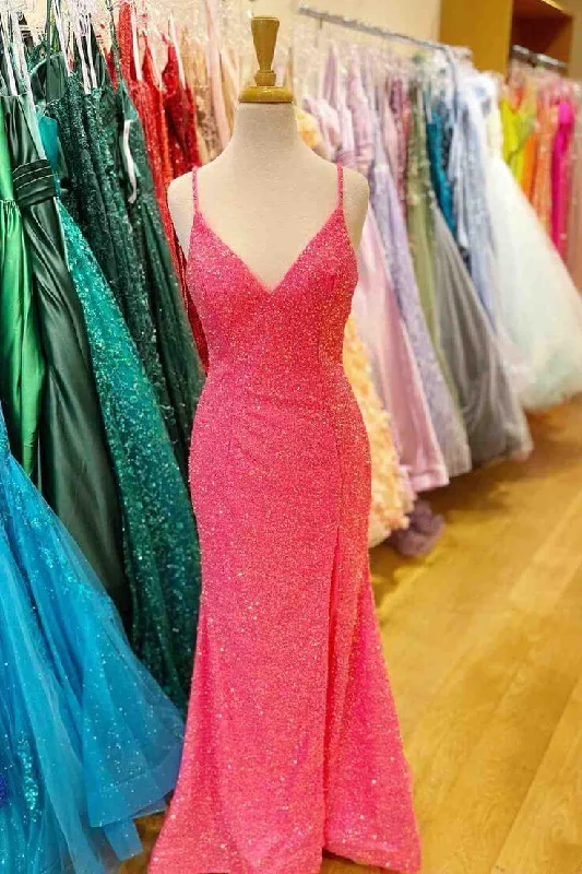 mid-length prom dresses2025 Hot Pink V Neck Sequins Long Prom Dresses Crossed Back Mermaid with Slit