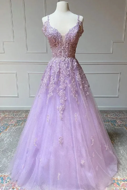 glamorous prom dressesHot 2024 Violet Purple Prom Dresses Tulle Lace Appliques A-Line Formal Dress