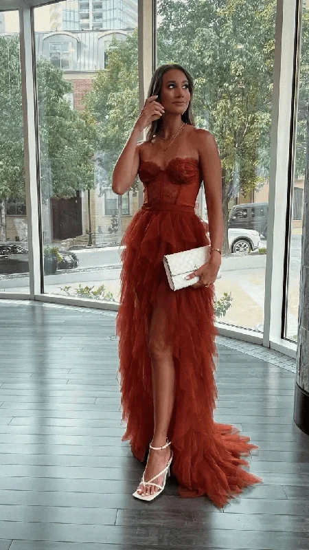 thigh-high slit prom dressesHot Rust Red High Low Prom Dresses 2024 Tulle Sweetheart Long Formal Dress Tiered