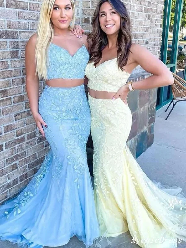 empire waist prom dressesHot Two Piece Lace Prom Dresses 2025 Mermaid Spaghetti Straps Cross Back