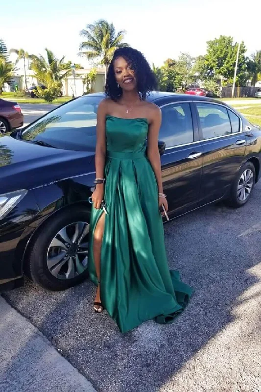 illusion neckline prom dressesHunter Green Satin Prom Dresses Simple Strapless Long Formal Dress