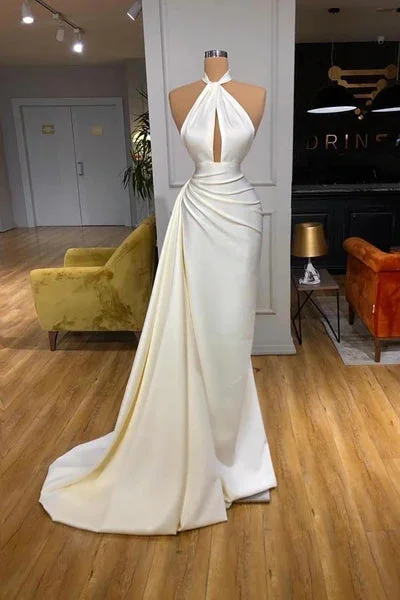 prom dresses with sheer overlays2025 Ivory Halter Mermaid Prom Dresses Long Satin Pageant Dress Split Detachable Train