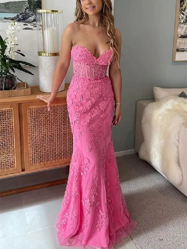 prom dresses for summer2025 Lace Mermaid Pink Prom Dresses Long Sweetheart Formal Dresses Open Back