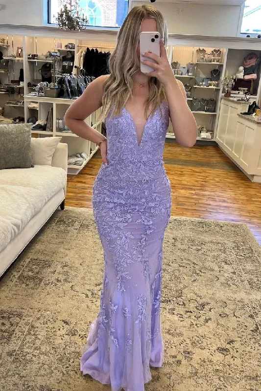 affordable prom dressesLavender Mermaid 2024 Prom Dress Long Appliques Plunge V Formal Dresses Backless