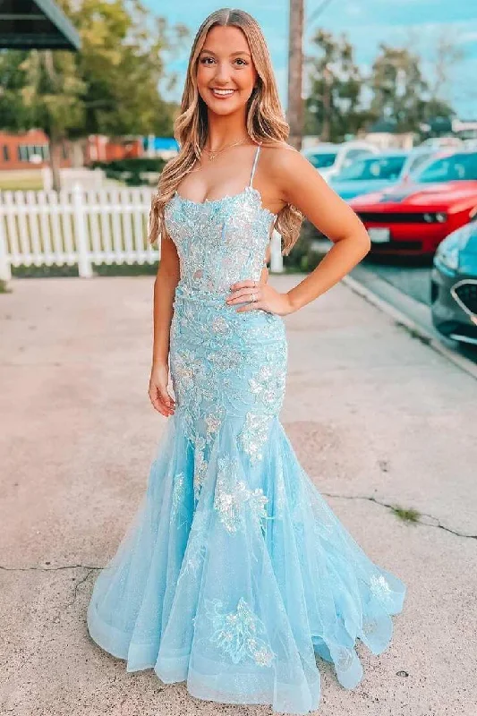 prom dresses for curve-hugging figures2025 Light Blue Long Prom Dress Lace Appliques Straps Mermaid Formal Dress Lace-Up