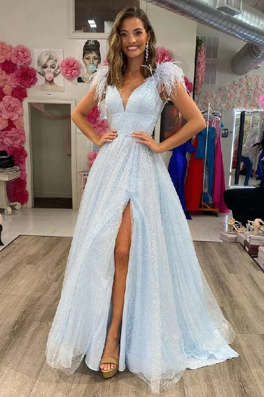 prom dress color trends2025 Light Blue Long Prom Dresses Feathers A Line V Neck Graduation Dress High Slit