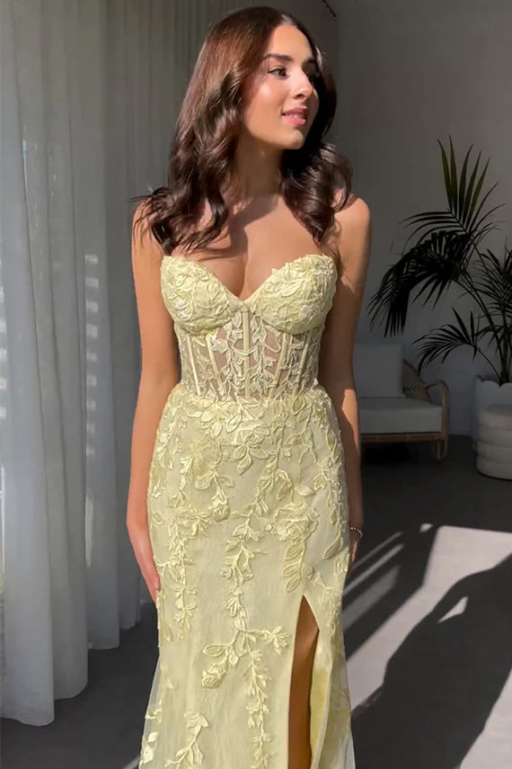 custom prom dressesLong Corset Yellow Prom Dresses 2025 Mermaid Sweetheart with Appliques