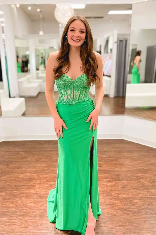 flowy prom dresses2025 Long Corset Lace Green Prom Dress Sweetheart Applique with Slit