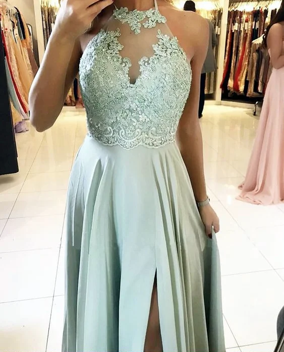 prom dresses for tall girlsLong Halter Sage Green Prom Dresses Lace Chiffon Formal Dresses